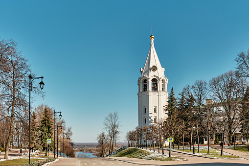 Nizhny Novgorod Kremlin, Russia. Recreated hipped octagonal Cathedral bell tower with chimes of Transfiguration Cathedral. First street of city, Ivanovsky descent. Travel concept