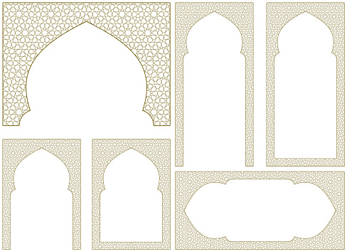 A set of six design elements. . Ornament in Arabic geometric style. Arc, two frames proportion A4, two frames 2 x1 proportion and bonus element