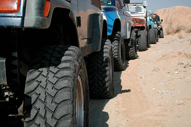 Five jeeps in a row on offroad trail. Taken at truck haven near Salton City, California.
