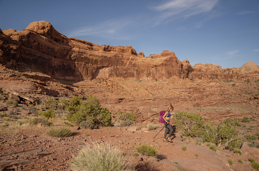 Hikers with backpacks walk on the trail in canyon of Zion National Park, USA. Blurred edges with tilt shift effect