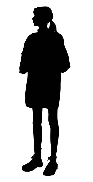 back view of a silhouette of a middle-aged woman in a sweater, skirt and sneakers on a white background