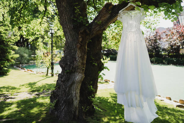 istock White wedding dress hanging on a tree outdoors in the garden. 1397070338