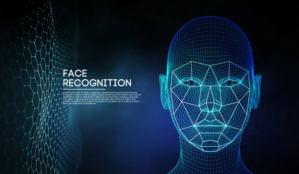 Robot blue eyes android with detailed iris and pupil. Facial recognition concept with sensor and face identity. 3D scanning Robot blue eyes android with detailed iris and pupil. facial recognition with sensor and face identity. face scan stock illustrations