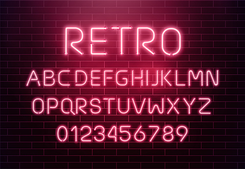 Light neon font letter set. Bar sign vector type. Glowing casino and cinema red text alphabet. Retro.