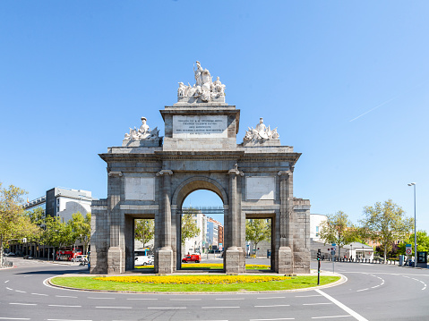 Madrid, Spain - 25th April 2022. The Puerto de Toledo, the 19' high Toledo Gate in the southwest of Madrid. 1827, renovated 1997.