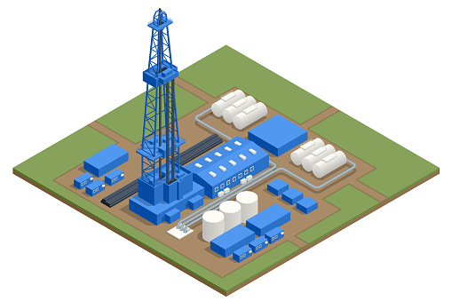 Isometric oil and gas production in nature concept. Gas flare at an oil refinery. Oil gas industry.