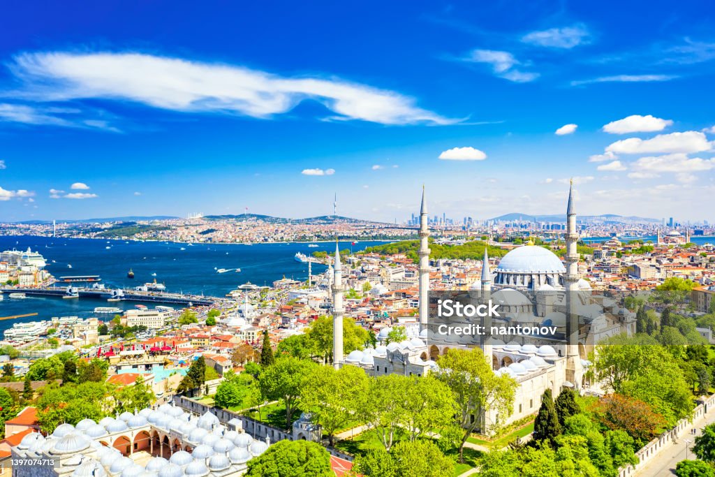 Aerial drone view of the Suleymaniye Mosque, huge Ottoman imperial mosque in Istanbul, Turkey. Aerial drone view of the Suleymaniye Mosque, huge Ottoman imperial mosque in Istanbul, Turkey Istanbul Stock Photo