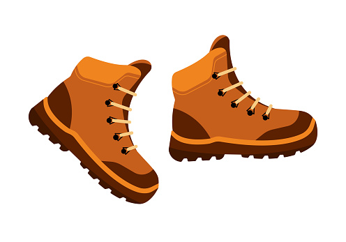 A pair of shoes for hiking, camping, walking. Tourist trekking boots for outdoor activity. Footwear icon vector illustration isolated on white background.