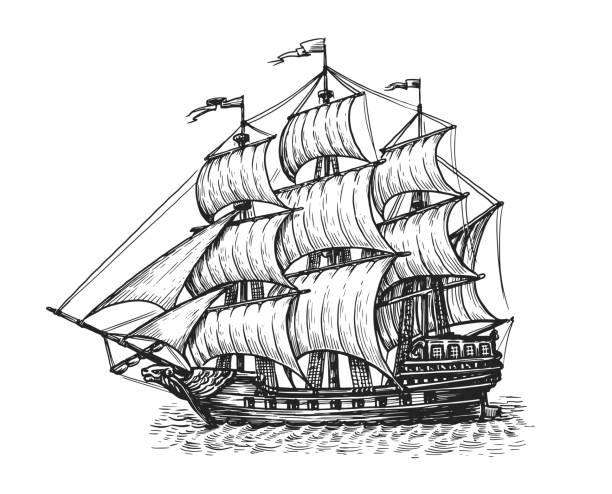 ilustrações, clipart, desenhos animados e ícones de navio com velas navega em ondas. esboço vintage do veleiro desenhado à mão. ilustração vetorial marítima - galleon