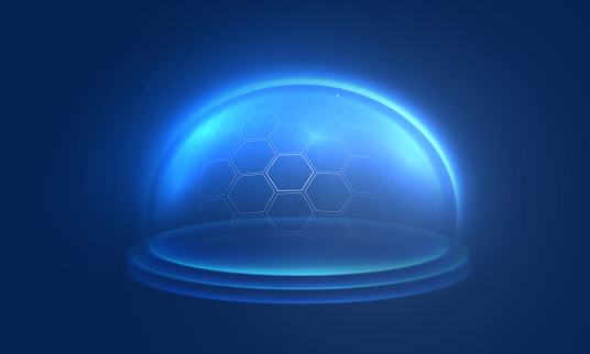 Protection shield effect in futuristic light style. Bubble shield in an abstract glowing style. Element or template for text isolated on a blue background. Vector illustration on a blue background.