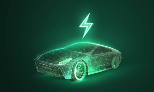 istock Electric car in digital futuristic style. Eco green energy for vehicles with light effect. Vector illustration of ev in neon style on a green background. 1397077145