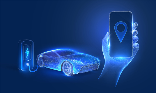 Electric car on charge in digital futuristic polygonal style. Concept for gas station mobile app, smartphone mockup in hand. Vector illustration with light effect and neon.