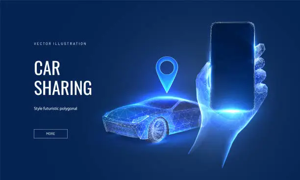 Vector illustration of Car rental or car sharing mobile app in digital futuristic polygonal style. Smartphone mockup in hand on the background of a car with location tracking. Vector illustration with light effect and neon.