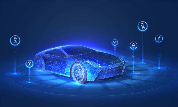 automotive diagnostics in digital futuristic style. ?oncept for auto future or the development of innovations and technologies in vehicles. vector illustration with light effect and neon - araba motorlu taşıt lar stock illustrations
