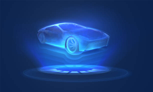 Car hologram in digital futuristic style. Automotive machine projection, analysis or diagnostics concept. Vector illustration with light effect and neon Car hologram in digital futuristic style. Automotive machine projection, analysis or diagnostics concept. Vector illustration with light effect and neon smart car stock illustrations