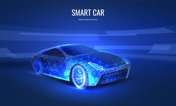 Car showroom in digital futuristic style. Silhouette of a modern wireframe car, vehicle presentation concept. Vector illustration with light effect and neon Car showroom in digital futuristic style. Silhouette of a modern wireframe car, vehicle presentation concept. Vector illustration with light effect and neon concept car stock illustrations