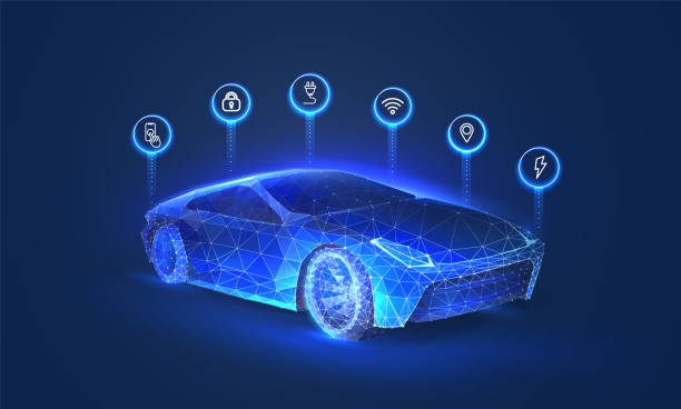 istock Smart machine diagnostics in digital futuristic style. Electro car hologram on a blue background. Vector illustration with light effect and neon 1397077165