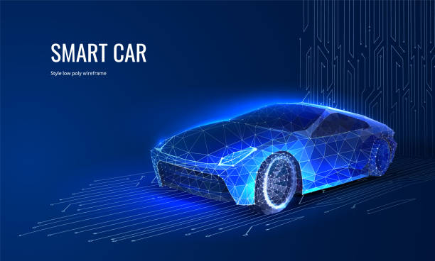 ilustraciones, imágenes clip art, dibujos animados e iconos de stock de coche digital en un estilo futurista. concepto de banner o landing page para la presentación de tecnología automotriz. ilustración vectorial con efecto de luz y neón - coche del futuro