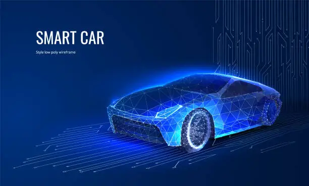 Vector illustration of Digital car in a futuristic style. Concept for a banner or landing page for the presentation of automotive technology. Vector illustration with light effect and neon