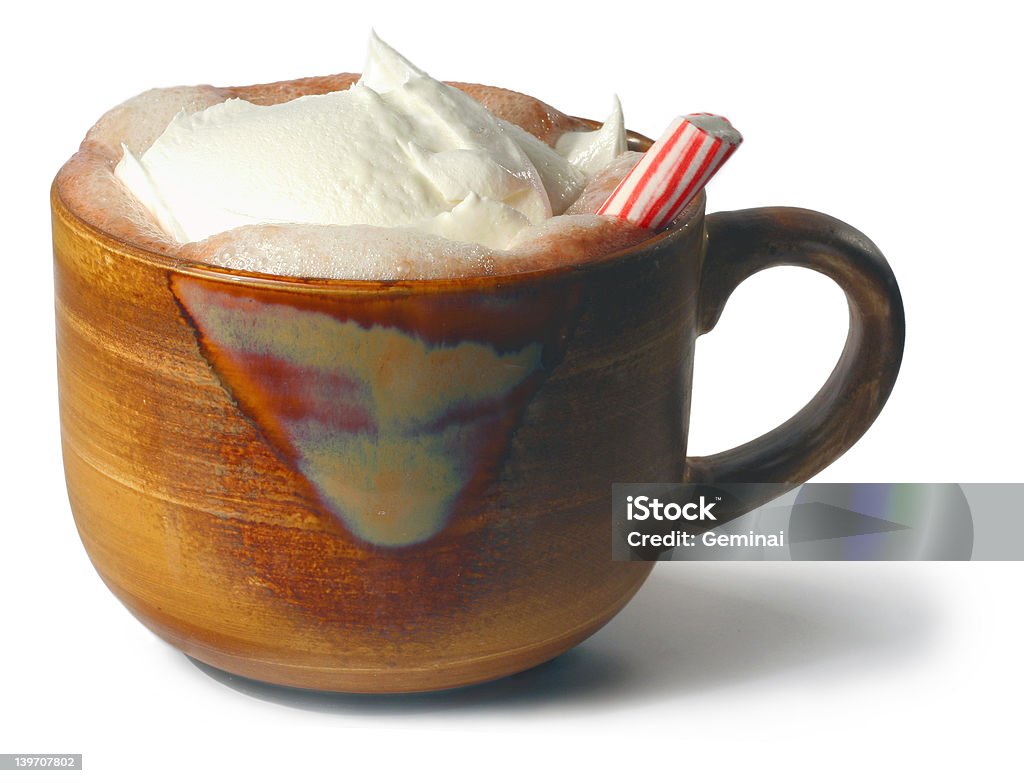 Cioccolata calda con panna montata & menta piperita stick - Foto stock royalty-free di Bastone