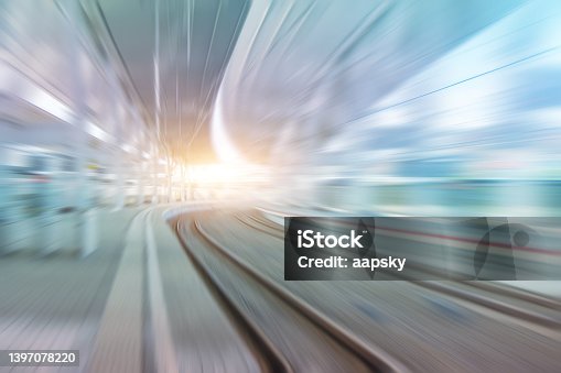 istock High speed abstract track turn of motion light for background. 1397078220