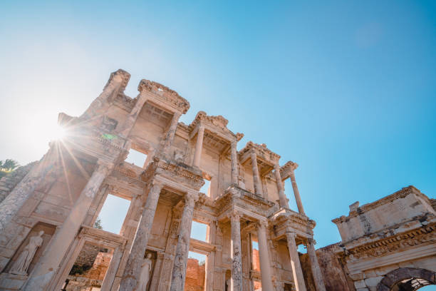 The iconic landmarks, including the Library of Celsus and grand temples, stand in serene beauty, offering a breathtaking view of this historic city