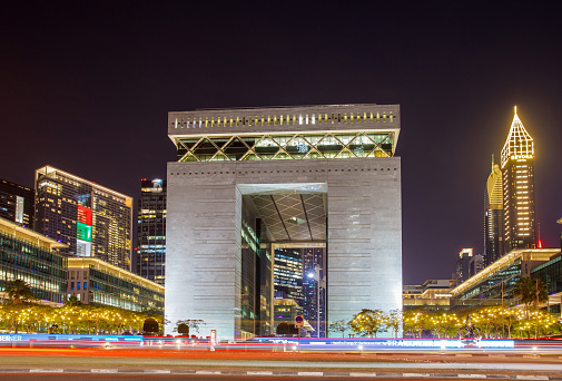 Dubai, UAE - April 21, 2022: DIFC - Gate Building, Trade Centre, at the night.