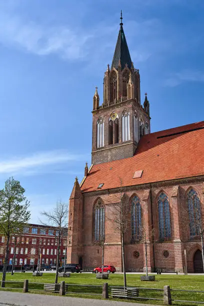 Tower of the medieval St.-Marien-Kirche Evangelical Church in the city of Neubrandenburg, Germany