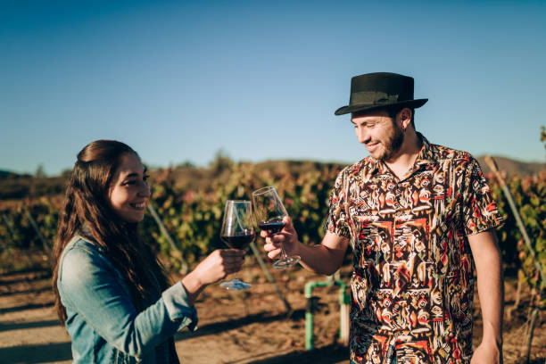 Young couple drinking red wine on vineyard Young couple drinking red wine on vineyard chilean wine stock pictures, royalty-free photos & images
