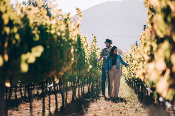 istock Young couple walking on vineyard 1397082844