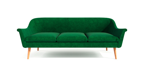 Green classic modern stylish sofa with wooden legs isolated on white background. Furniture, interior object, stylish sofa. Single piece of furniture