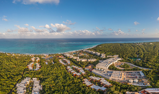 Drone panorama of a hotel complex on the Gulf Coast of Mexico's Yucatan Peninsula during the daytime