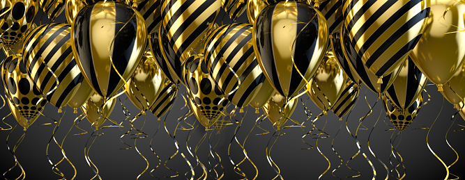 Elegant helium balloons flying on black background for announcements, birthdays and invitations.3d illustration.