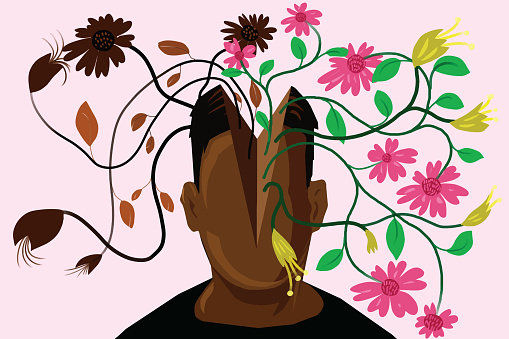 Illustration of a man and his head with flowers growing out of it showing the mental state he is