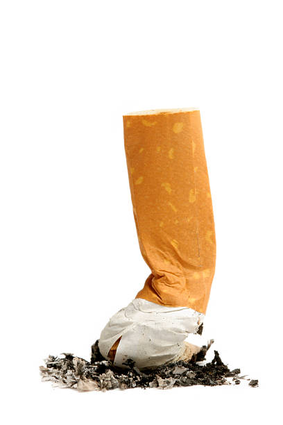 Large cigarette butt being pushed into the ground stock photo