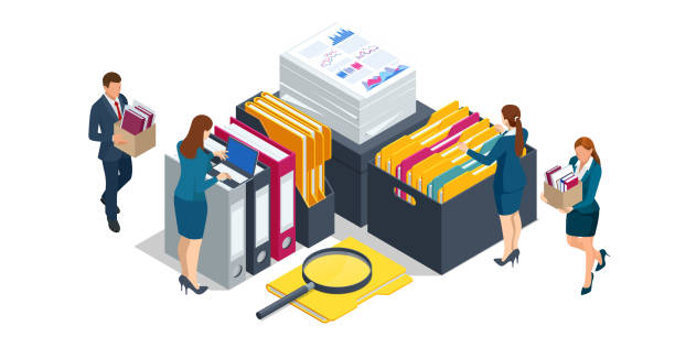 Isometric office paper document and file folders. Analysing and researching creative process concept. vector art illustration