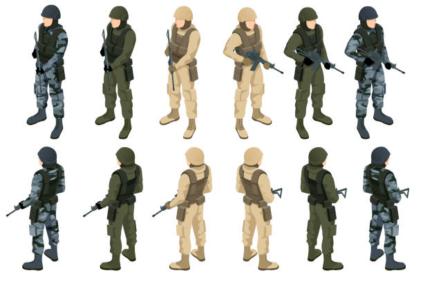 illustrazioni stock, clip art, cartoni animati e icone di tendenza di soldato isometrico in mimetica. soldati con fucili d'assalto isolati su sfondo bianco - armed forces saluting marines military