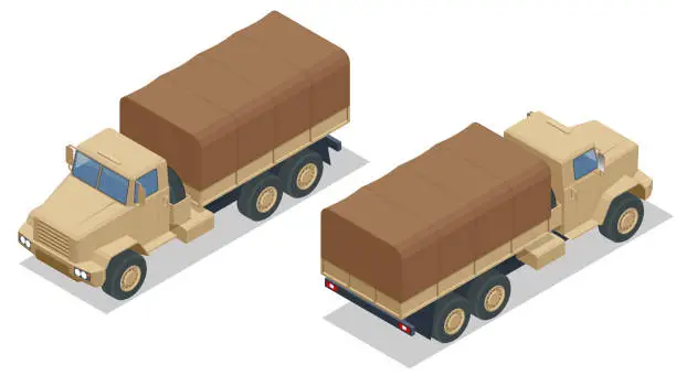 Vector illustration of Isometric military heavy truck. Military army vehicle isolated military heavy truck on white background