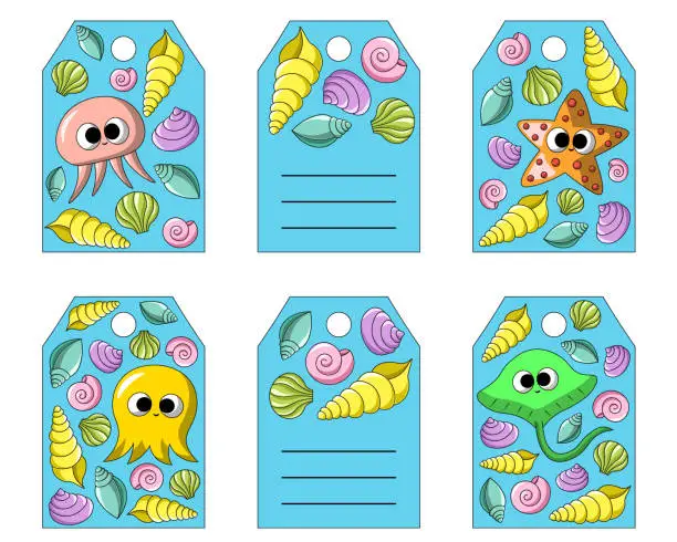 Vector illustration of Set with small postcards in form tags. Theme cute cartoon underwater world.