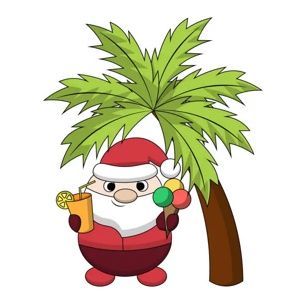 Vector illustration of Summer Santa under the palm tree. Draw illustration in color