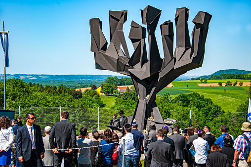 Mauthausen, Austria - May 5, 2018 - the annual ceremony to mark the liberation of the Mauthausen concentration camp  takes place at the site of the camp in which 100,000 prisoners died