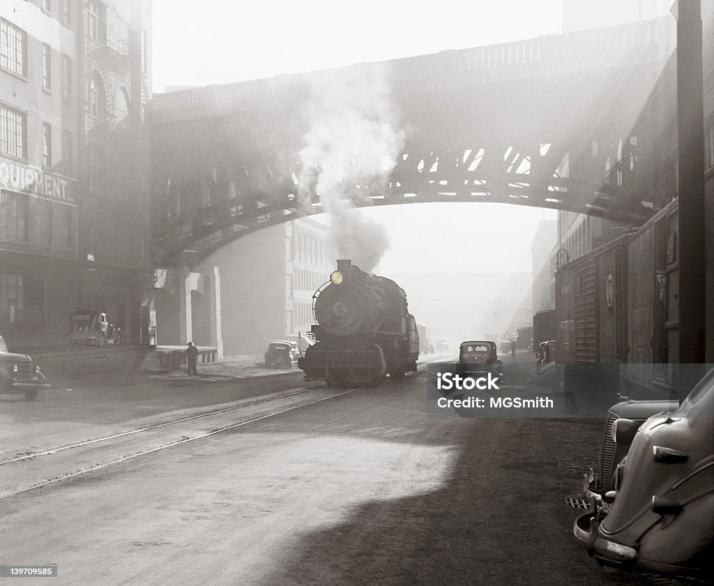 Industrial age scene Locomotive on the street in depression era Cincinnati, Ohio Industrial Revolution Stock Photo