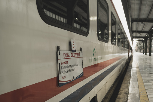 Ankara, Turkey - February 21, 2022: Close up shot of Eastern Express train in Ankara Train station.