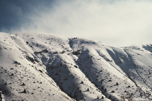 Landscape of  mountains with snow and clouds.