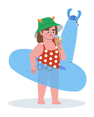 A little girl in a swimsuit and panama stands in a swim ring on the beach and eats ice cream. Flat vector illustration. Eps10