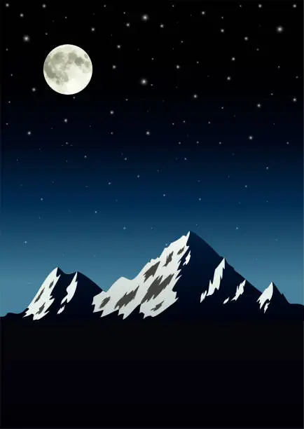 Vector illustration of Night Blue Landscape with Mountains, Bright Stars and Full Moon in the Sky