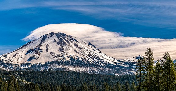 Panorama of Chaos Crags and Lenticular Cloud over Lassen Peak.