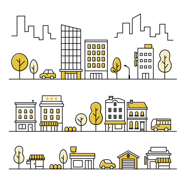 zestaw ikon tła pejzażu ulicznego centrum miasta i ulic miejskich, w tym budynków, drzew, samochodów, autobusów - one way obrazy stock illustrations