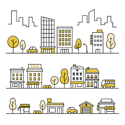 Set of background icons of streetscape of city center and urban streets including buildings, trees, cars, buses