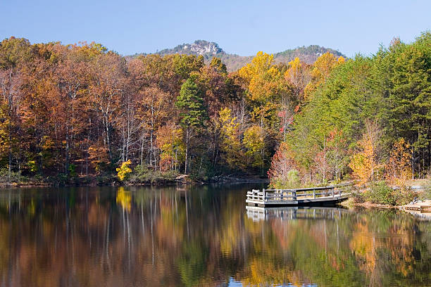 THE KINGS PINNACLE FROM LAKE IN FALL CROWDERS STATE PARK NORTH CAROLINA
